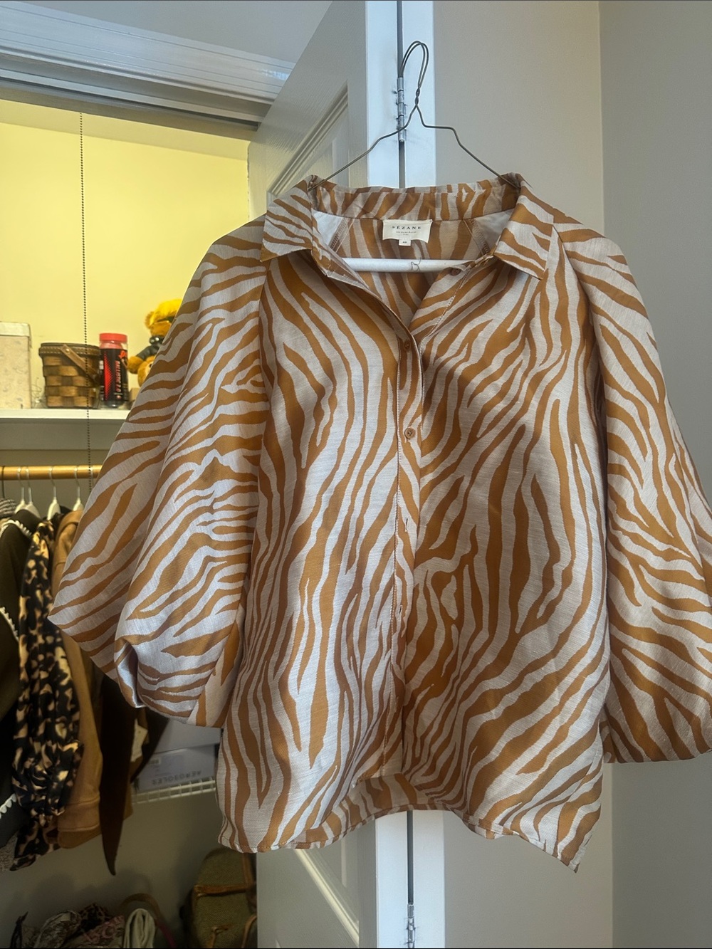 Striped Camel Zebra Print top with very full balloon sleeves.